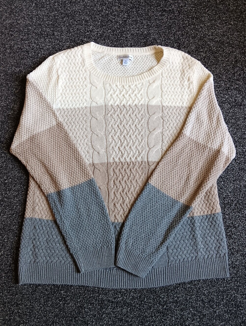 100% Cotton, Cream Beige Gray Colorblock Knit Sweater By Croft & Barrow Size XL